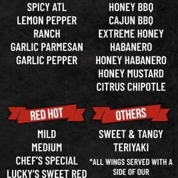 Menu of flavors for wings.