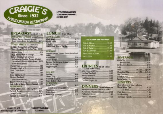 Menu photo 1 Craigie's Harbourview Restaurant Tobermory, ON Menu photo 1 Craigie's Harbourview Restaurant Tobermory, ON