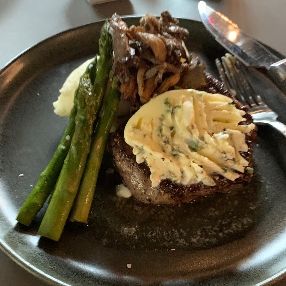 Bartizan Events - Filet mignon with herbed butter, mushrooms, mashed potatoes & asparagus. Perfection! - Pizza Near Me - Henrico, Virginia
