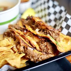 47 Hills Brewing Company - Quesabirria tacos - amazing flavor! Comes with chips and soup dip
