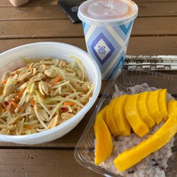 a bowl of rice, mango slices, and a drink a bowl of rice, mango slices, and a drink