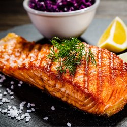 Grilled salmon faroe island with dill and lemon. Salmon, grilled salmon, salmon fillet, fresh seafood, gourmet seafood.