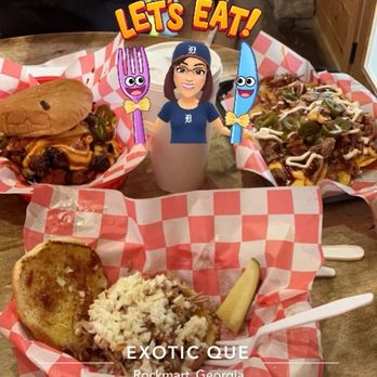 Exotic-Que - Pulled Pork with Slaw sandwich  Big Ron Sandwich with Onion Rings Reg Pulled Pork Nachos - Barbeque Near Me - Rockmart, Georgia