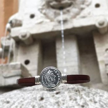 Serra - Handmade silver and leather bracelet with original roman coin. - Antiques Near Me - Rome, RM