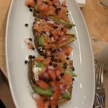 Yolk - South Loop - Avocado Toast with salmon, red onions with chive cream cheese and capers! Yummy!! - Breakfast & Brunch Near Me - Chicago, Illinois