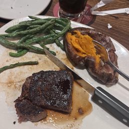 Center cut sirloin, green beans, and a sweet potato Center cut sirloin, green beans, and a sweet potato