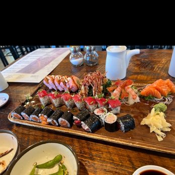 Maru Nations - Pink top left is the sushi burrito, sweet shrimp, salmon roll maki, Albacore maki with green onion, tuna maki! - Sushi Bars Near Me - Nashville, Tennessee