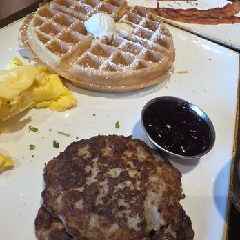 First Watch - Waffle, scrambled egg, two chicken apple sausage patty and berry compote, side million dollar bacon - Breakfast & Brunch Near Me - Hinesville, Georgia First Watch - Waffle, scrambled egg, two chicken apple sausage patty and berry compote, side million dollar bacon - Breakfast & Brunch Near Me - Hinesville, Georgia