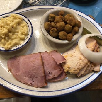 Stone Mill BBQ and Steakhouse - 2 meat dinner - Smoked Ham & Smoked Turkey, Mac & Cheese & Fried Okra & it comes with a slice of white onion & pickle spare - Steakhouses Near Me - Broken Arrow, Oklahoma