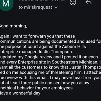 Enterprise Rent-A-Car - Follow up email almost 30 days later in April. - Car Rental Near Me - Auburn Hills, Michigan