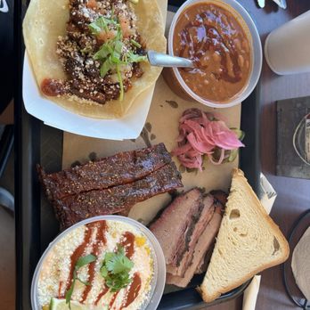 Burnt Bbq & Tacos - Two 22 Meat Combo Plate - Brisket and Ribs Elotes Pork Belly BE's Taco Pinto Beans - Barbeque Near Me - Plano, Texas Burnt Bbq & Tacos - Two 22 Meat Combo Plate - Brisket and Ribs Elotes Pork Belly BE's Taco Pinto Beans - Barbeque Near Me - Plano, Texas