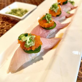 Genghix - Hamachi Nigiri - special request for jalapeños, ponzu, and masago - Sushi Bars Near Me - Castro Valley, California Genghix - Hamachi Nigiri - special request for jalapeños, ponzu, and masago - Sushi Bars Near Me - Castro Valley, California