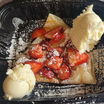 Aurora Sweets - DIY crepe with strawberries, maple syrup, whipped cream, powdered sugar & 2 scoops of vanilla ice cream - Bubble Tea Near Me - East Aurora, New York