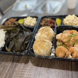 Kahuku Poke & Hawaiian BBQ - 10 Pieces Garlic Shrimp and Shoyu Poke Bento, Lau Lau and Salmon Poke Bento