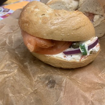 The Works Bakery Cafe - Bagel with cream cheese and lox with capers, red onion and lettuce. - Cafes Near Me - Latham, New York The Works Bakery Cafe - Bagel with cream cheese and lox with capers, red onion and lettuce. - Cafes Near Me - Latham, New York