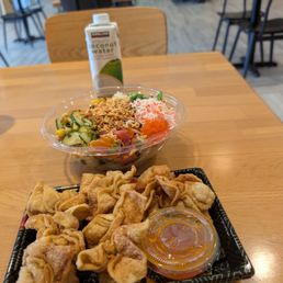 Money bags ( think crab rangoon) , Sannin bowl, coconut water. Money bags ( think crab rangoon) , Sannin bowl, coconut water.