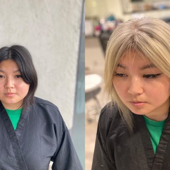Sana Styles Salon - Bleach and silvery platinum blonde toner with edgy a line bob cut - Hair Stylists Near Me - Pasadena, California Sana Styles Salon - Bleach and silvery platinum blonde toner with edgy a line bob cut - Hair Stylists Near Me - Pasadena, California