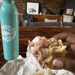 Everything bagel Egg and cheese w. thin sliced smoke ham mayonnaise Everything bagel Egg and cheese w. thin sliced smoke ham mayonnaise