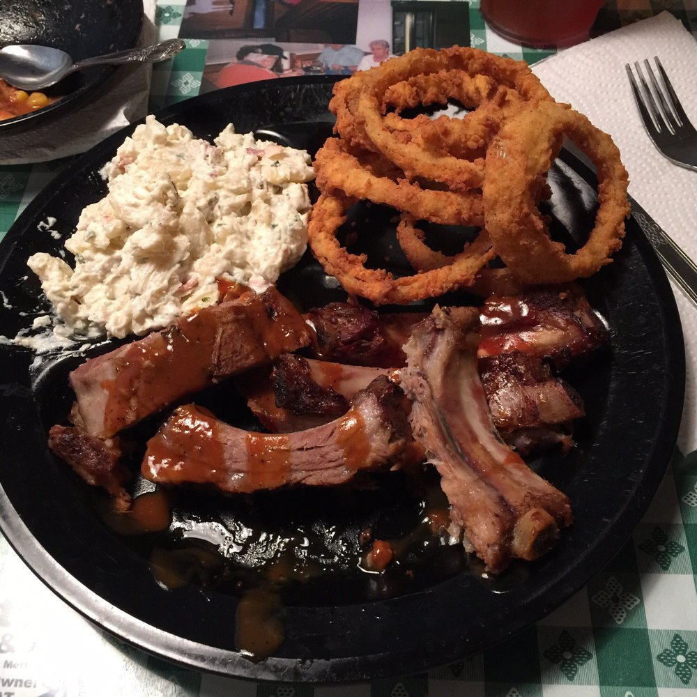 Jomax BBQ - Baby Backs never disappoint! With sides of potato salad & onion rings; and a Brunswick Stew appetizer! - Barbeque Near Me - Metter, Georgia