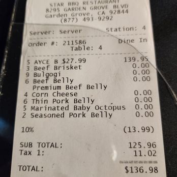 Star BBQ - Total w/10% discount since we paid with cash - Korean Near Me - Garden Grove, California Star BBQ - Total w/10% discount since we paid with cash - Korean Near Me - Garden Grove, California