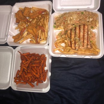 Mike's Seafood - Sweet potato fries, fried shrimp with fries and salmon with shrimp and crawfish tail fried rice - Cajun/Creole Near Me - Houston, Texas