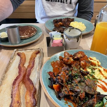 Bearcat CBD - Homemade paleo/GF pancakes, Bearcat breakfast, breakfast shrimp bowl, and side of bacon. - Coffee & Tea Near Me - New Orleans, Louisiana