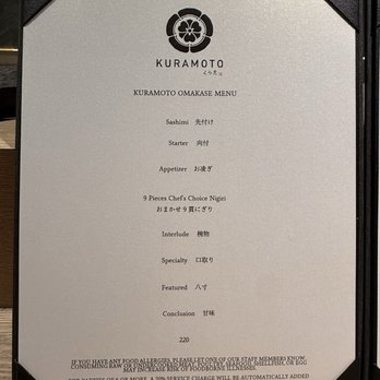 Kuramoto - Omakase Menu (July 2026) - Sushi Bars Near Me - Tustin, California