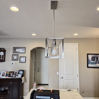Tim's Electrical Service - Added a nice hanging pendant over this island on a dimmer, to match the new Dining room fixture! 2/2 - Electricians Near Me - Maricopa, Arizona Tim's Electrical Service - Added a nice hanging pendant over this island on a dimmer, to match the new Dining room fixture! 2/2 - Electricians Near Me - Maricopa, Arizona