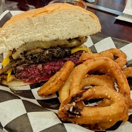 Antelope Burger and onion rings Antelope Burger and onion rings