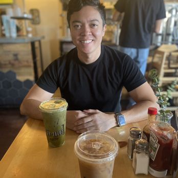 Fàme Caffe - My man with our vegan horchata latte and he tried their muddy water. - Coffee & Tea Near Me - Phoenix, Arizona