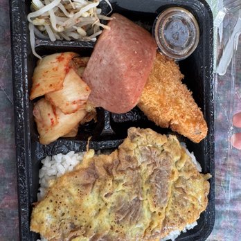 Ohana BBQ & Sushi - #3 bento meat jun, fried fish, spam, kimchee, bean sprouts. - Barbeque Near Me - Aiea, Hawaii Ohana BBQ & Sushi - #3 bento meat jun, fried fish, spam, kimchee, bean sprouts. - Barbeque Near Me - Aiea, Hawaii