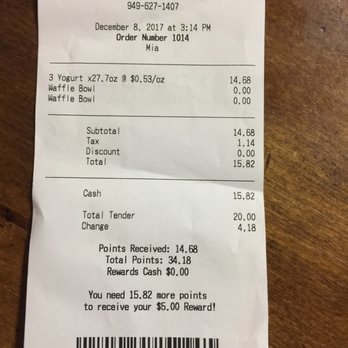 Menchies - a receipt with a barcode on it - Ice Cream & Frozen Yogurt Near Me - Arroyo Grande, California