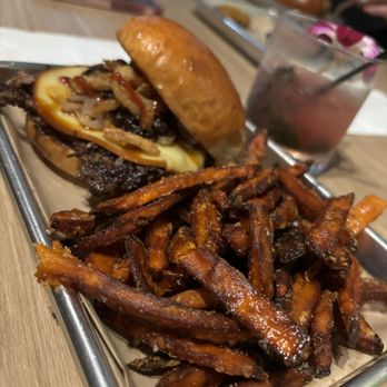 Moo'd Burger Bar - Onion+BBQ Burger with Bacon Jam instead of bacon and sweet potato fries. - Burgers Near Me - Rochester, New York Moo'd Burger Bar - Onion+BBQ Burger with Bacon Jam instead of bacon and sweet potato fries. - Burgers Near Me - Rochester, New York