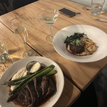 Seared - steak with mashed potatoes and asparagus, plus a seafood entrée - Seafood Near Me - Petaluma, California