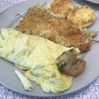 Dots Diner - Seafood Omelette (American cheese), hash browns and a biscuit - Diners Near Me - New Orleans, Louisiana Dots Diner - Seafood Omelette (American cheese), hash browns and a biscuit - Diners Near Me - New Orleans, Louisiana