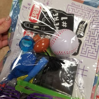 Chuck E. Cheese - A sneak peek at some of items in their goodie bags (The sports stuff I put in extra!) - Arcades Near Me - Paramus, New Jersey