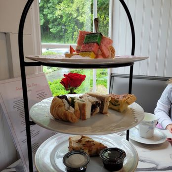 Robinsons Tea Room - Butterscotch pecan scone w/ clotted cheese & raspberry jam. Mini sandwiches of tuna, chicken, egg salads, cucumber, mini Quiche - Desserts Near Me - Stony Brook, New York
