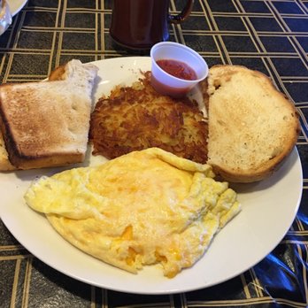 Sunrise Cafe - Cheddar cheese omelet with hash browns, cinnamon toast, & their delish house made strawberry jelly - Cafes Near Me - Carmel, Indiana