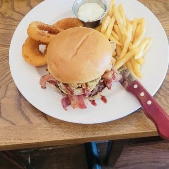 Ella's Cafe And BBQ - Cowboy burger with onion rings - Barbeque Near Me - Belmont, California Ella's Cafe And BBQ - Cowboy burger with onion rings - Barbeque Near Me - Belmont, California