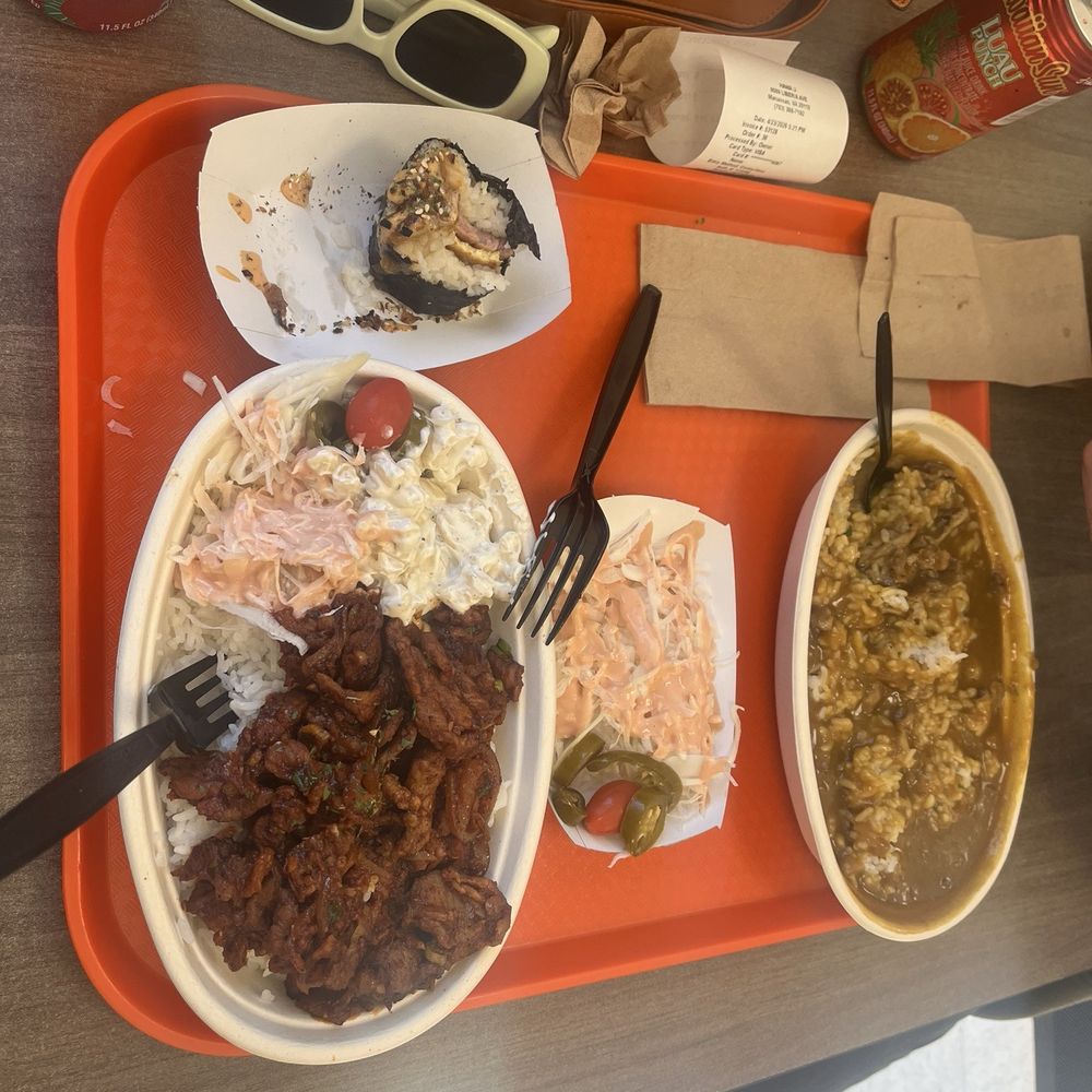 Spam musubi, Spicy Pork Loco, Pork curry rice
