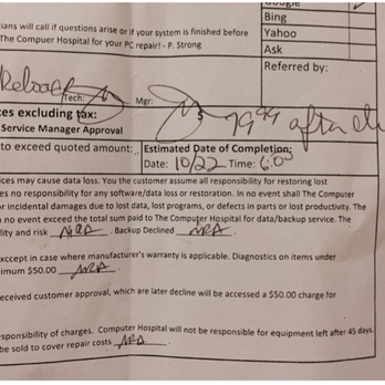 The Computer Hospital - Read carefully the sign in sheet before you sign. He charged me without calling back despite that he wrote " after diagnosis" - IT Services & Computer Repair Near Me - Houston, Texas The Computer Hospital - Read carefully the sign in sheet before you sign. He charged me without calling back despite that he wrote " after diagnosis" - IT Services & Computer Repair Near Me - Houston, Texas