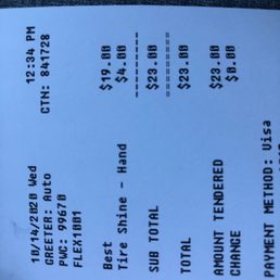 Receipt - included a tire shine by hand.