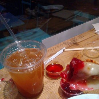 Mimi Cheng's Dumplings - Cranberry sauce mix with Thanksgiving Dinner Dumpling, with a side of apple cider housedrink and chilli oil - Taiwanese Near Me - New York, New York