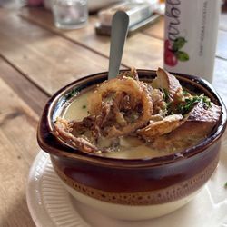 Rachel's Roadside Bar & Grill - Tailgate soup (beer cheese & brat soup with bread toasts & fresh curds)