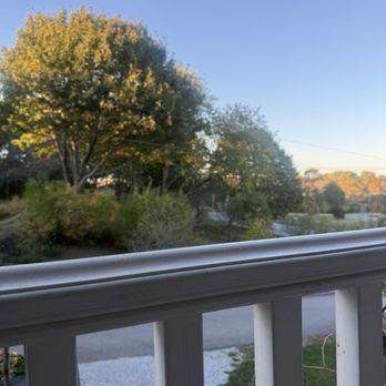 Primo - The image shows a balcony with a white railing overlooking trees and a clear blue sky during daytime. - Mediterranean Near Me - Rockland, Maine