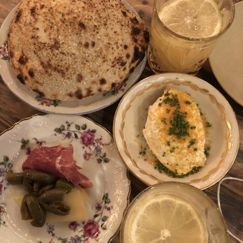 Pomp and Circumstance - Penicillin cocktail, Seeded Semolina Pita, onion dip - Italian Near Me - Brooklyn, New York Pomp and Circumstance - Penicillin cocktail, Seeded Semolina Pita, onion dip - Italian Near Me - Brooklyn, New York