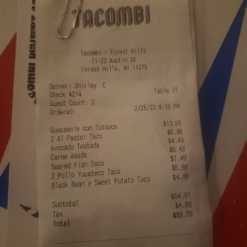 Tacombi - My bill - Tacos Near Me - Forest Hills, New York