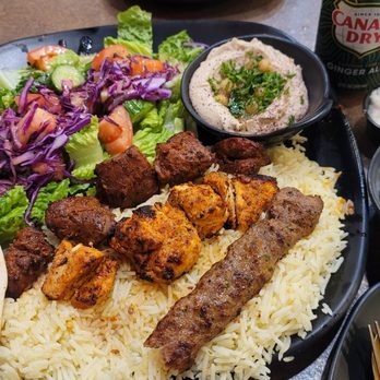 Kababstic Mediterranean Grill - Kababstic Combo Plate - Filet Mignon, Chicken, and Beef (Perfect for 2 people, we ate a beef piece already). Small Tzatziki. - Mediterranean Near Me - Arcadia, California