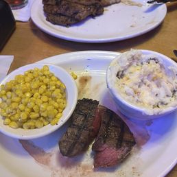 6 oz filet medium rare with corn and loaded mashed potatoes. Delicious! 6 oz filet medium rare with corn and loaded mashed potatoes. Delicious!