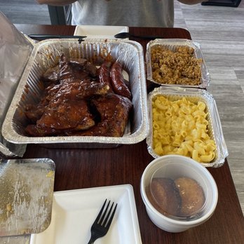 Cajun Country Cafe - Mac n cheese, jambalaya, corn bread, 6 ribs, 2 hot links, 2 big chicken pieces, bunch of tri tip. This is the meat lovers combo. - Cajun/Creole Near Me - Oxnard, California Cajun Country Cafe - Mac n cheese, jambalaya, corn bread, 6 ribs, 2 hot links, 2 big chicken pieces, bunch of tri tip. This is the meat lovers combo. - Cajun/Creole Near Me - Oxnard, California
